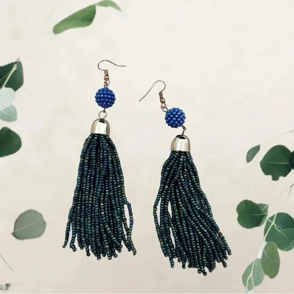 4” Handmade Tassel Earrings in Sparkly Glass Cobalt Beads